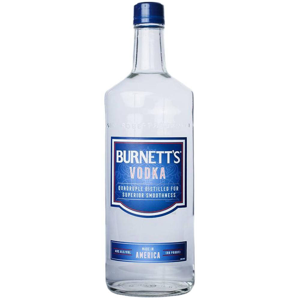 Burnett's伏特加 壁紙 — 一個透明玻璃瓶的Burnett's伏特加，帶有藍色瓶蓋和標籤，孤立在白色背景上。