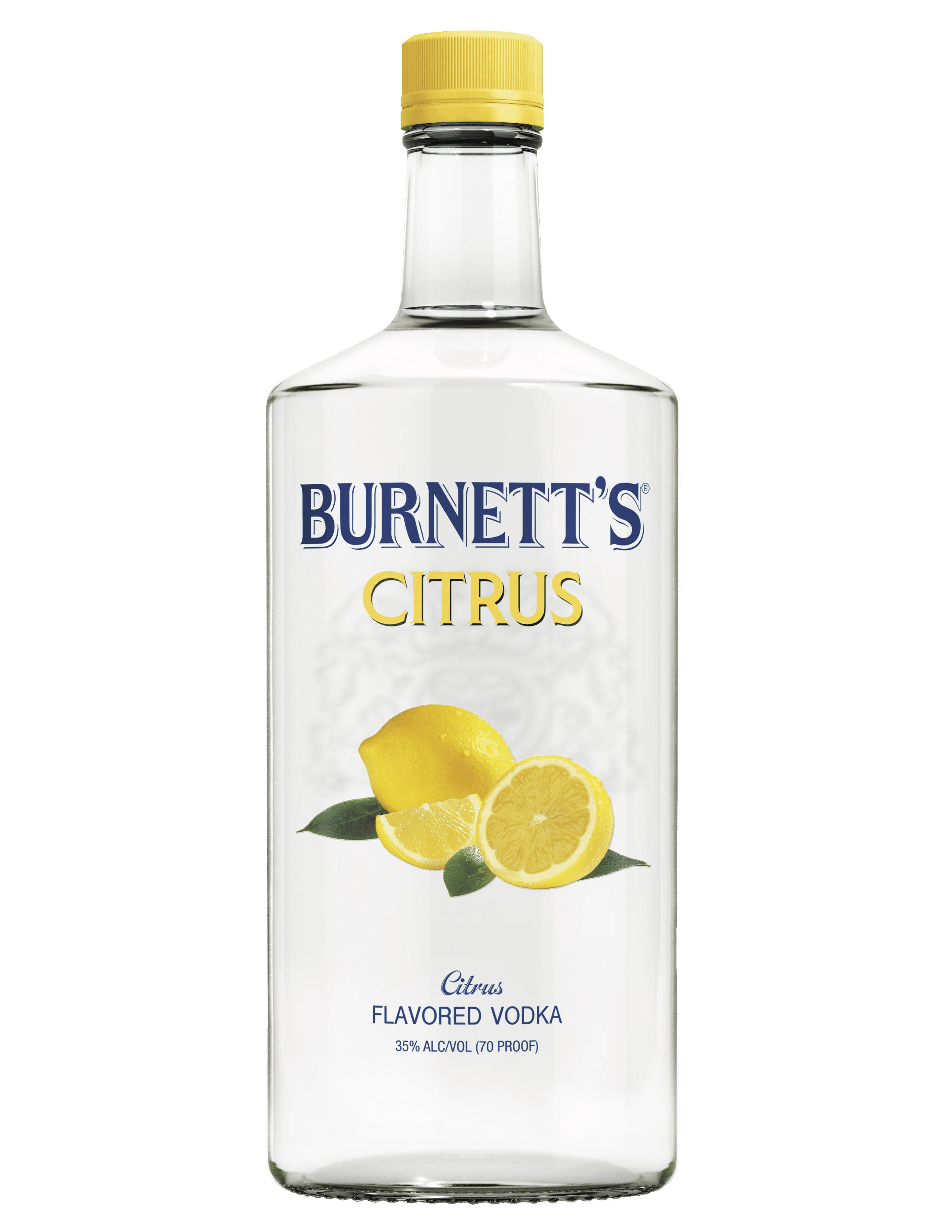 清爽的Burnett's柑橘伏特加 壁紙 — 一個透明玻璃瓶的Burnett's柑橘味伏特加，帶有黃色瓶蓋和標籤上的檸檬圖案。