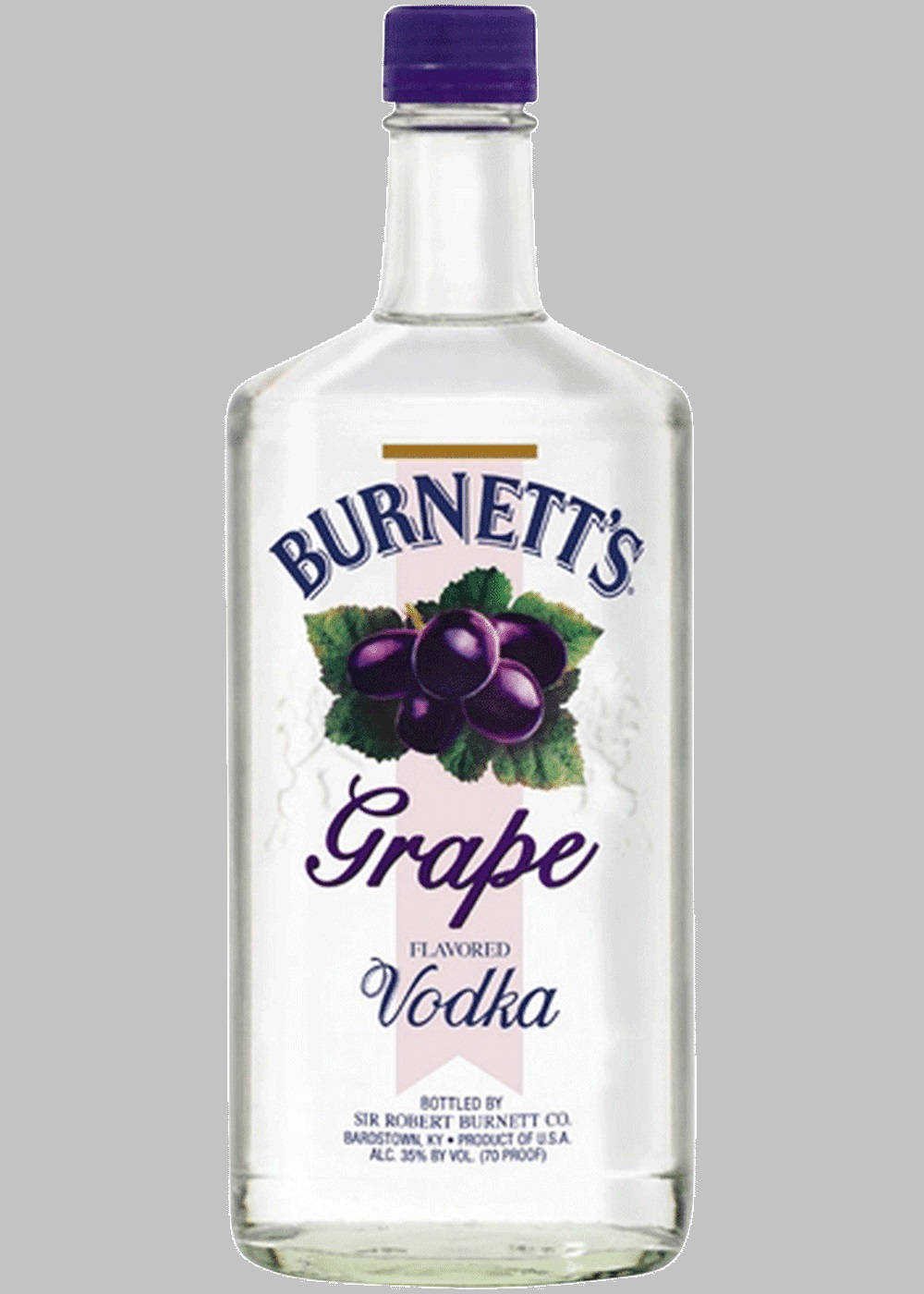 Burnett's葡萄伏特加 壁紙 — 一個透明玻璃瓶的Burnett's Grape Flavored Vodka，帶有紫色瓶蓋和葡萄插圖，放在純灰色背景上。
