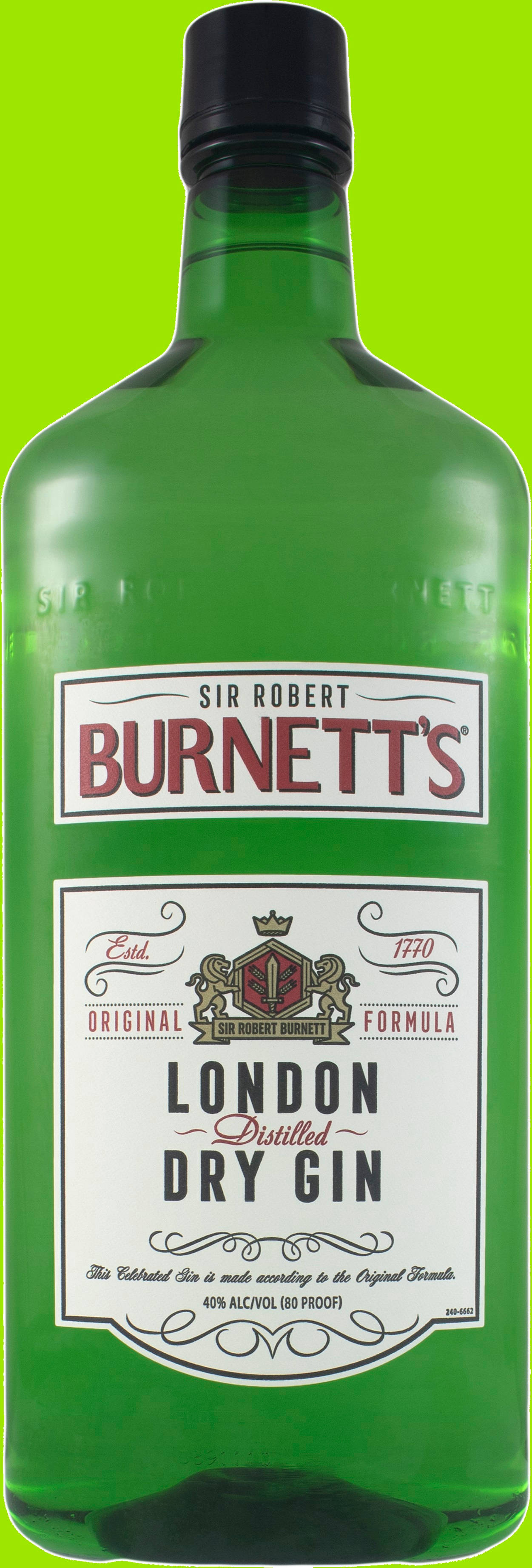 Burnett's倫敦乾金酒配鮮綠背景 壁紙 — 一瓶充滿活力的綠色Sir Robert Burnett's London Dry Gin，矗立在明亮的青檸綠色背景前。
