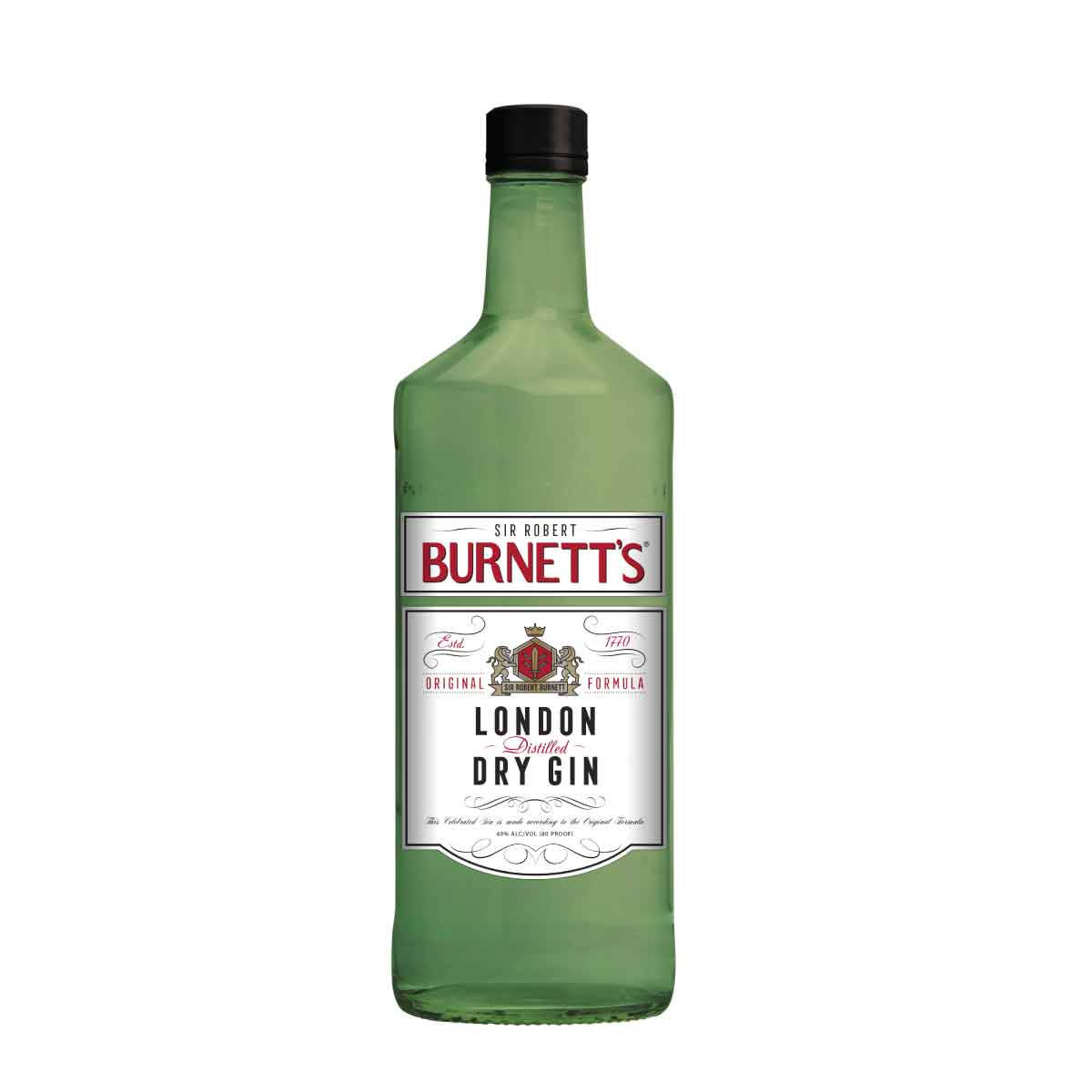 Burnett's 倫敦乾氈酒綠色玻璃瓶，帶黑色瓶蓋和詳細標籤。