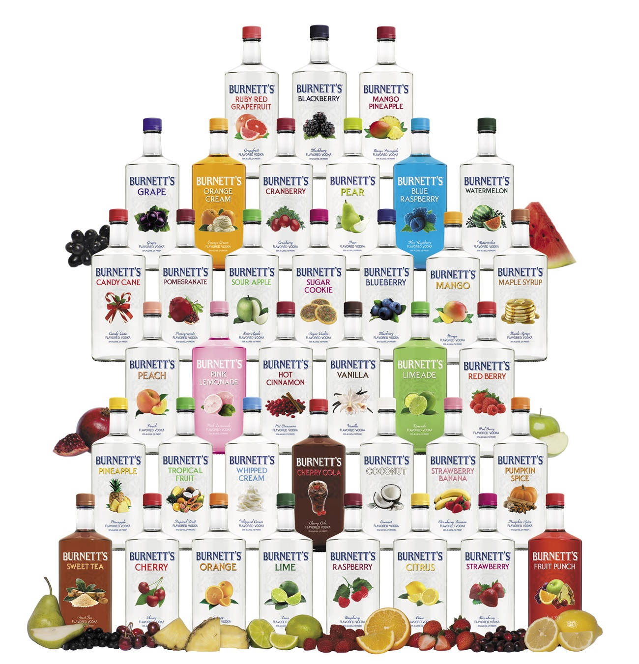 Burnett's 調味伏特加酒瓶金字塔，配有水果裝飾。