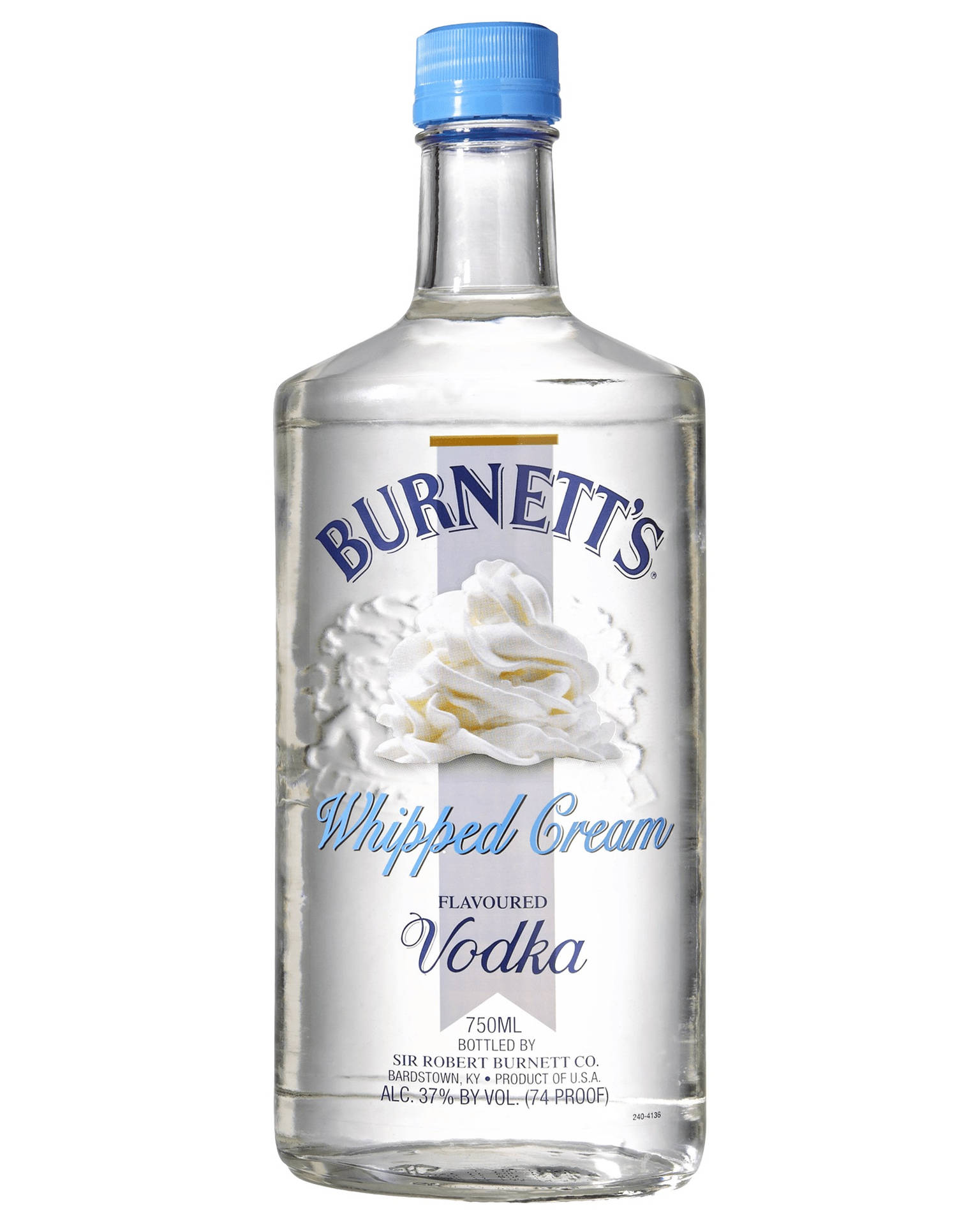 一瓶帶有藍色瓶蓋和忌廉標籤的Burnett's Whipped Cream Flavoured Vodka。