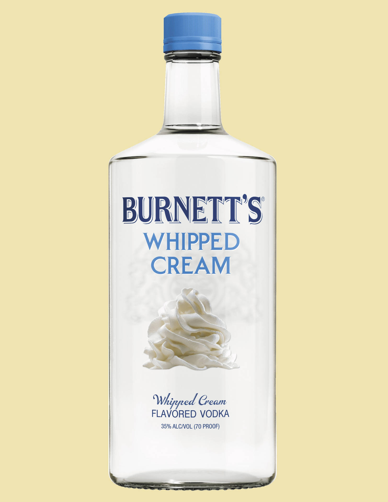 Burnett's 忌廉味伏特加樽，藍色樽蓋，忌廉漩渦標籤。