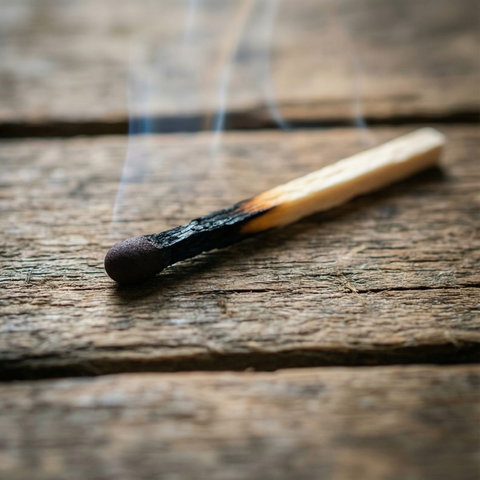 燒焦的火柴在粗糙的木板上冒煙
