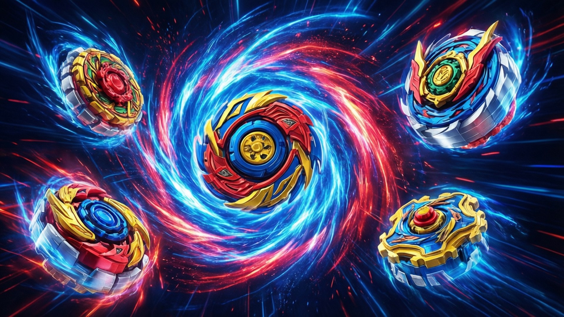 四個發光的陀螺在帶有藍色和紅色條紋的旋轉宇宙能量漩渦中旋轉。