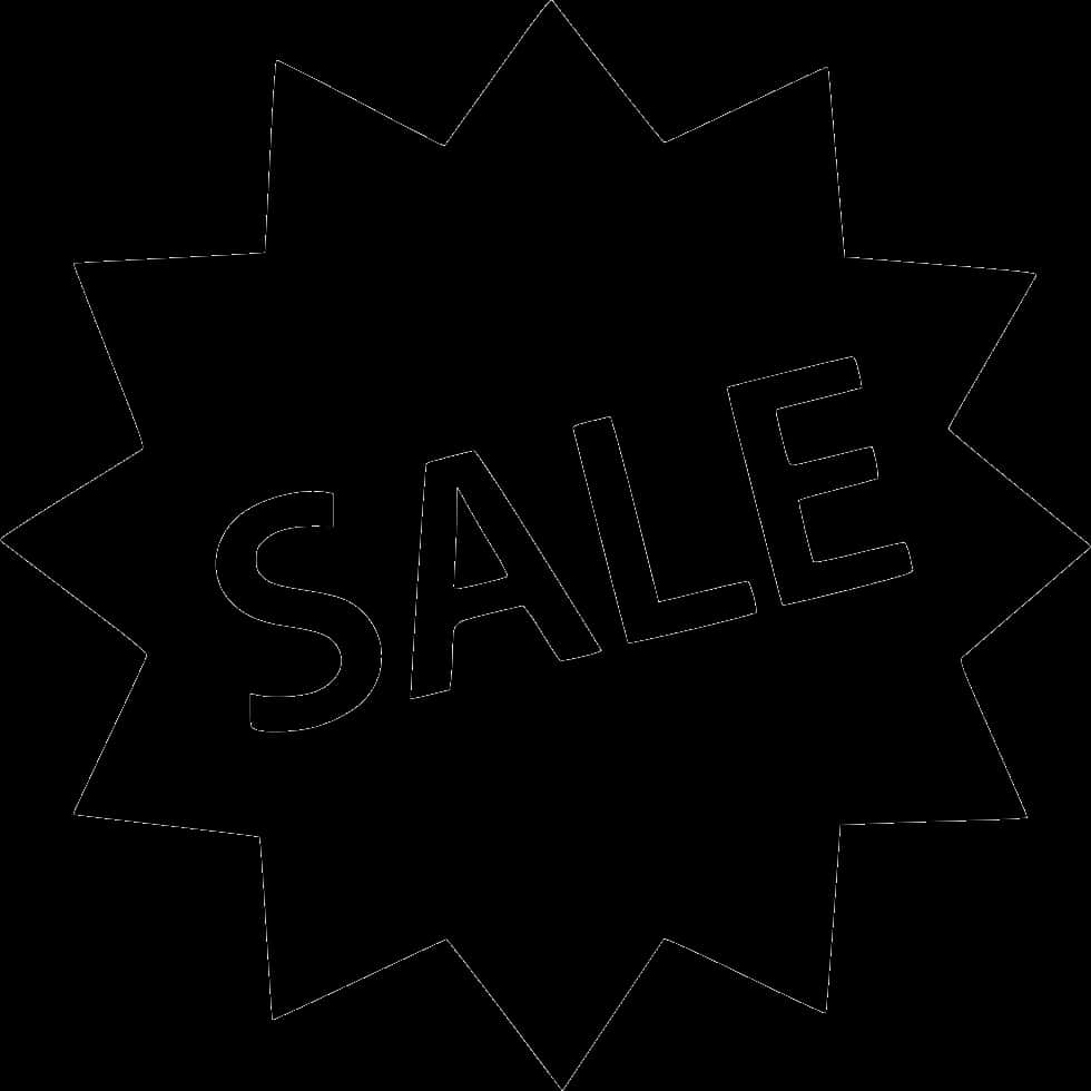 星burst促銷標誌圖形 壁紙 — 純黑色背景上有一個白色輪廓的星形圖案，並以粗體輪廓字體寫上「SALE」字樣。
