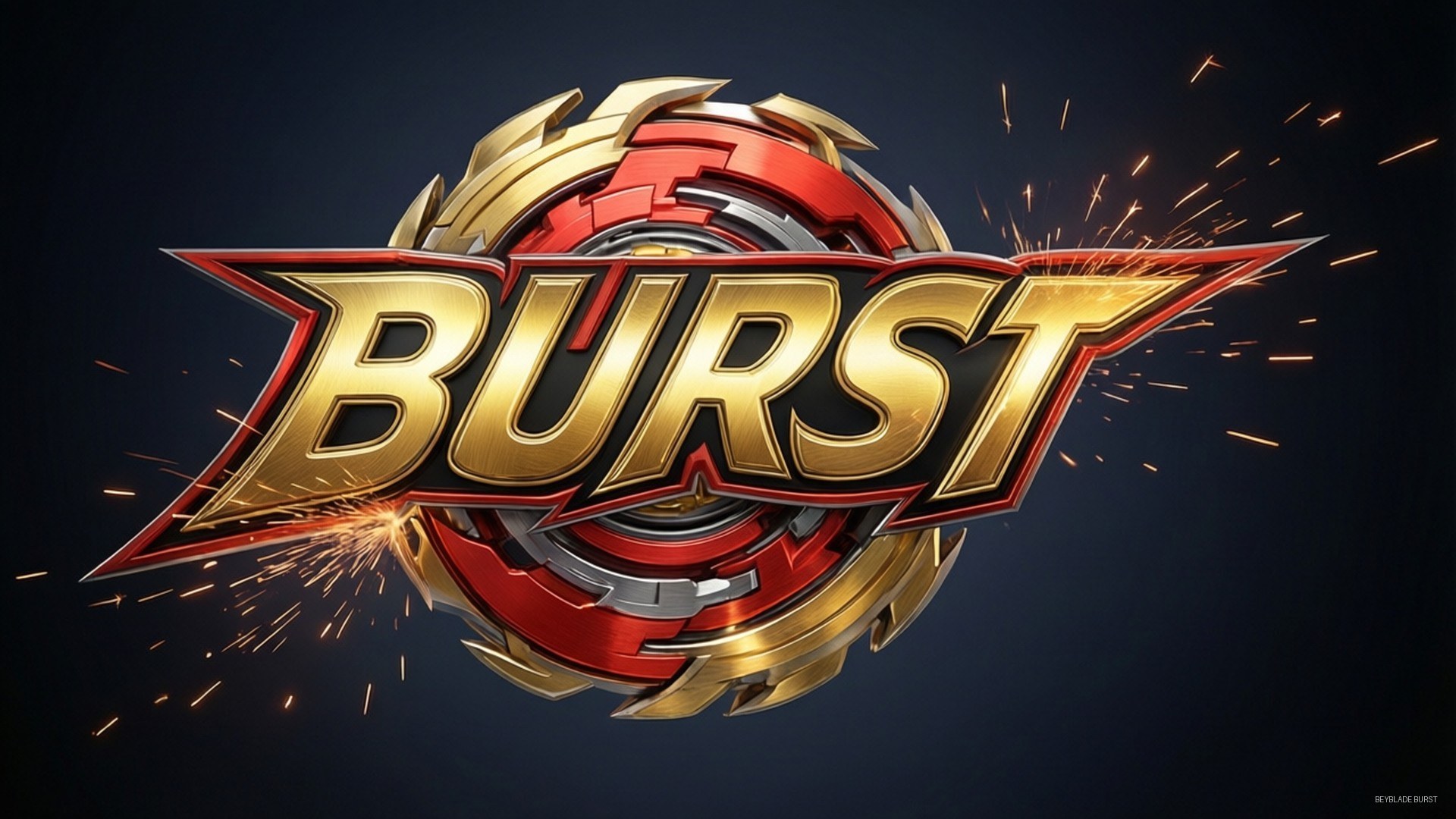 一個風格化的標誌，以金色和紅色呈現「burst」一詞，火花圍繞圓形機械設計飛舞。