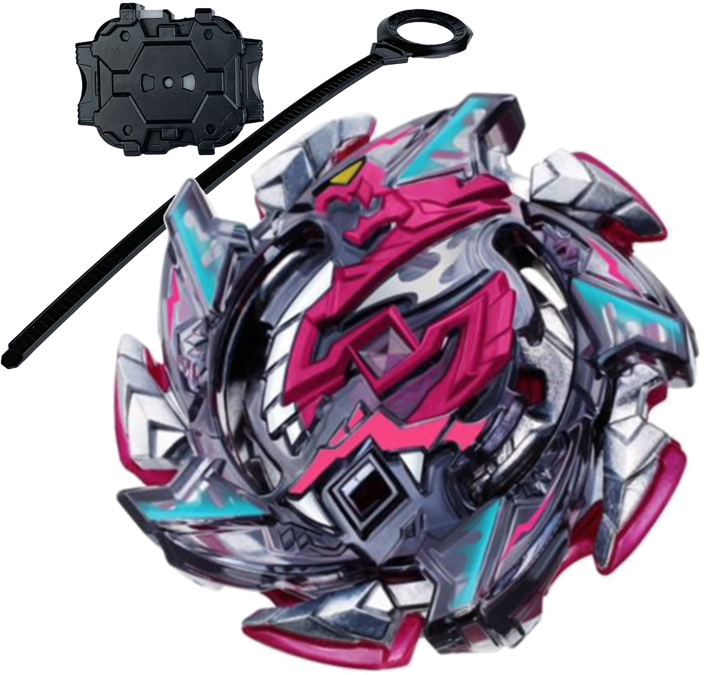 爆旋陀螺 Burst Turbo 發射器與陀螺 壁紙 — 一個未來風格的Beyblade，帶有尖銳的金屬銀、粉紅和青色點綴，以及它的發射器，背景為黑色。