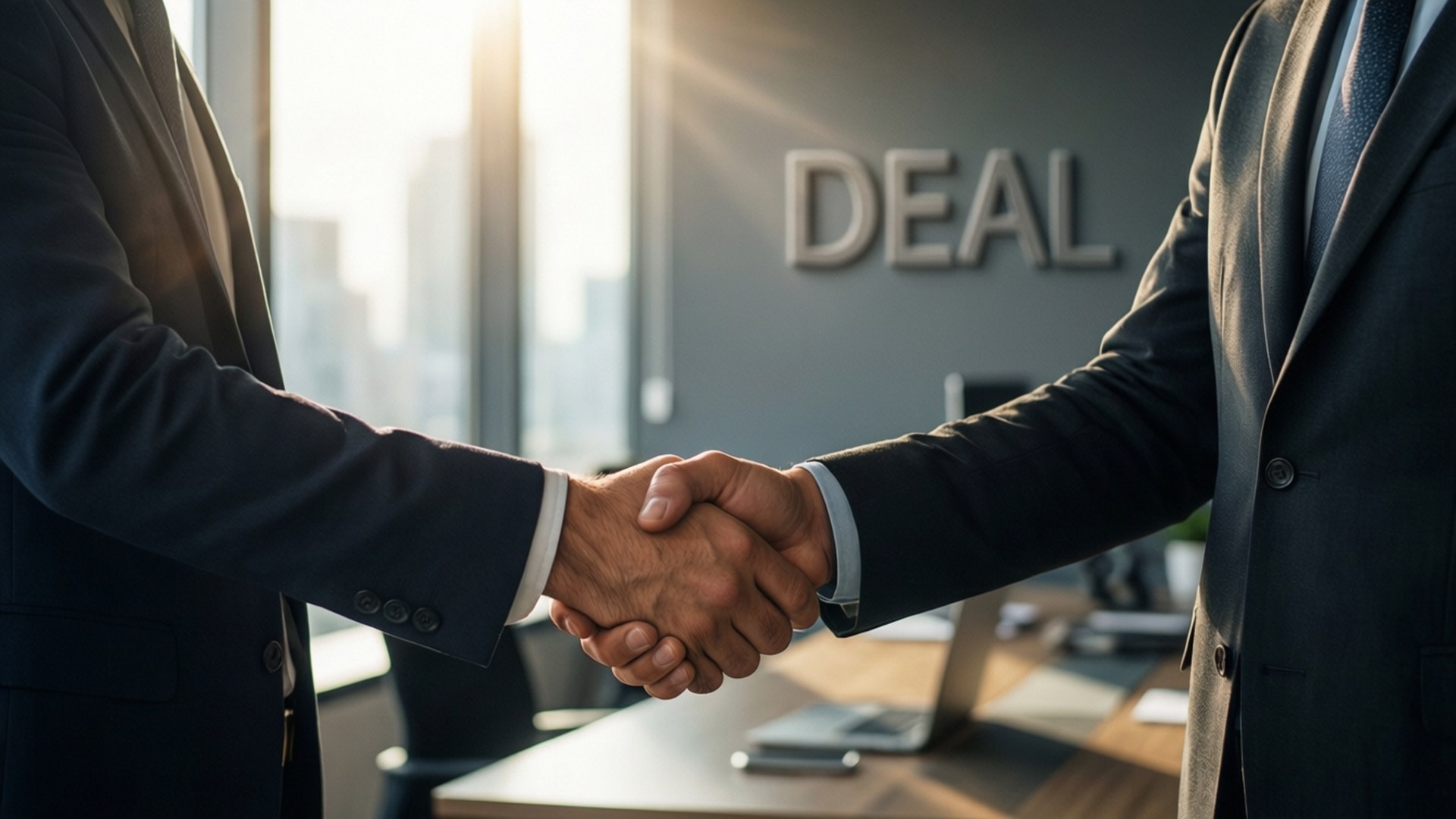 兩名西裝男子在帶有「DEAL」標誌的辦公室握手。