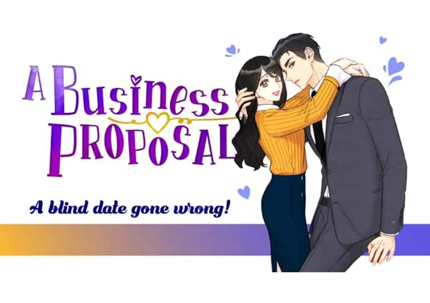 《Business Proposal》漫畫數位藝術 壁紙 — 一對卡通情侶在標題「A Business Proposal」和副標題「A blind date gone wrong」下擁抱，周圍有俏皮的心形圖案。