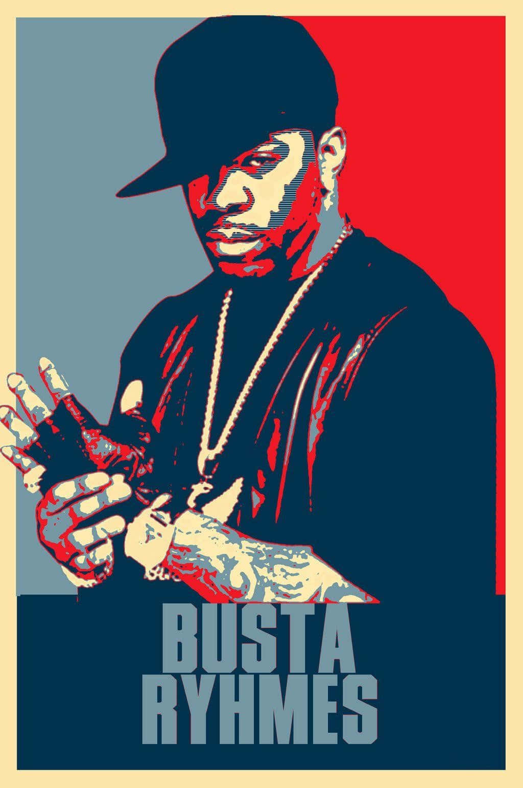  壁紙 — Busta Rhymes 戴帽和鏈條的醒目圖形肖像，背景為紅、藍、米色。