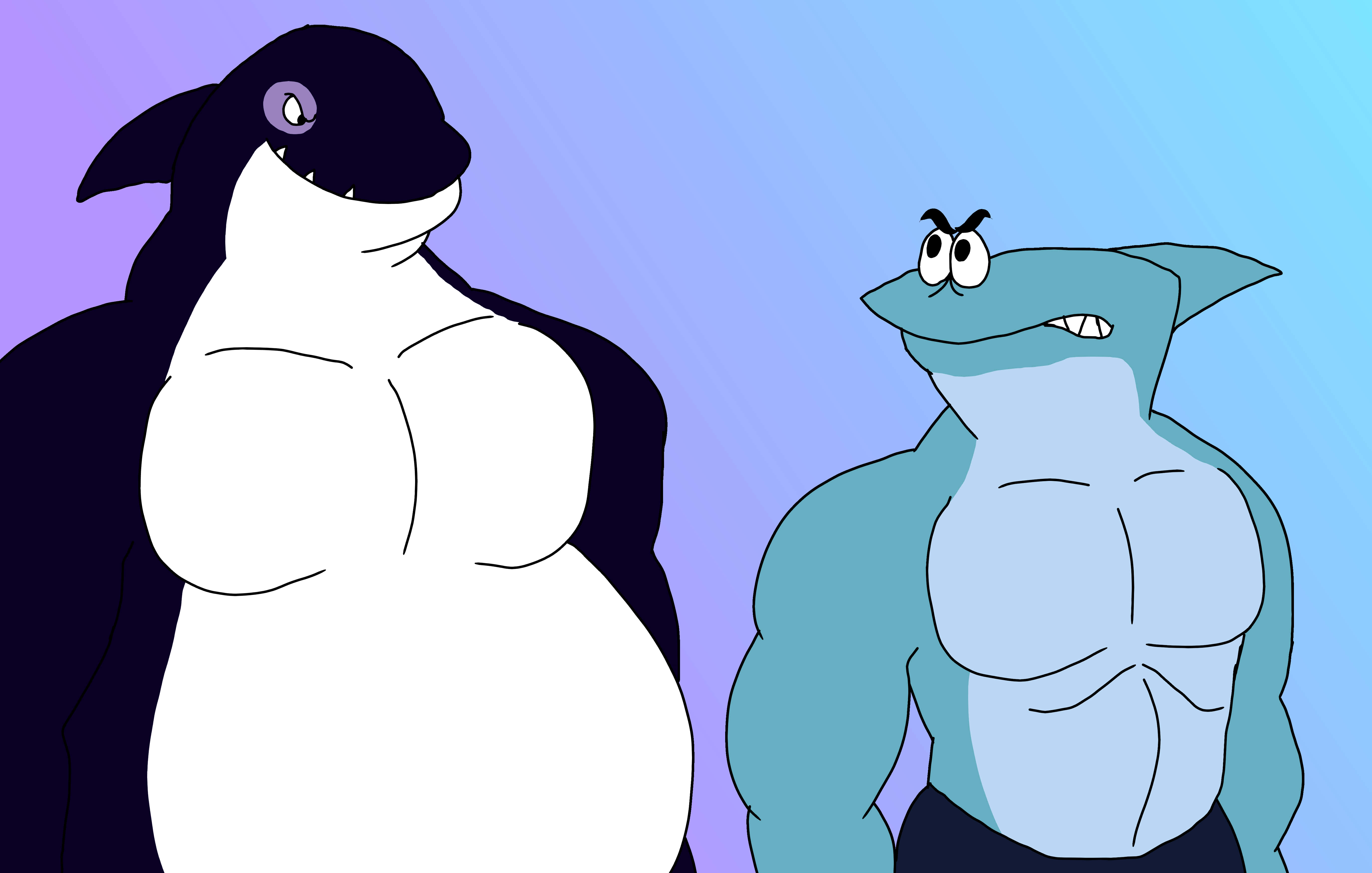 肌肉版 Buster 與 Kenny The Shark 壁紙 — 兩隻肌肉發達的擬人化卡通鯊魚，一隻黑白，另一隻藍色，在紫色到藍色的漸變背景上面對面站立。