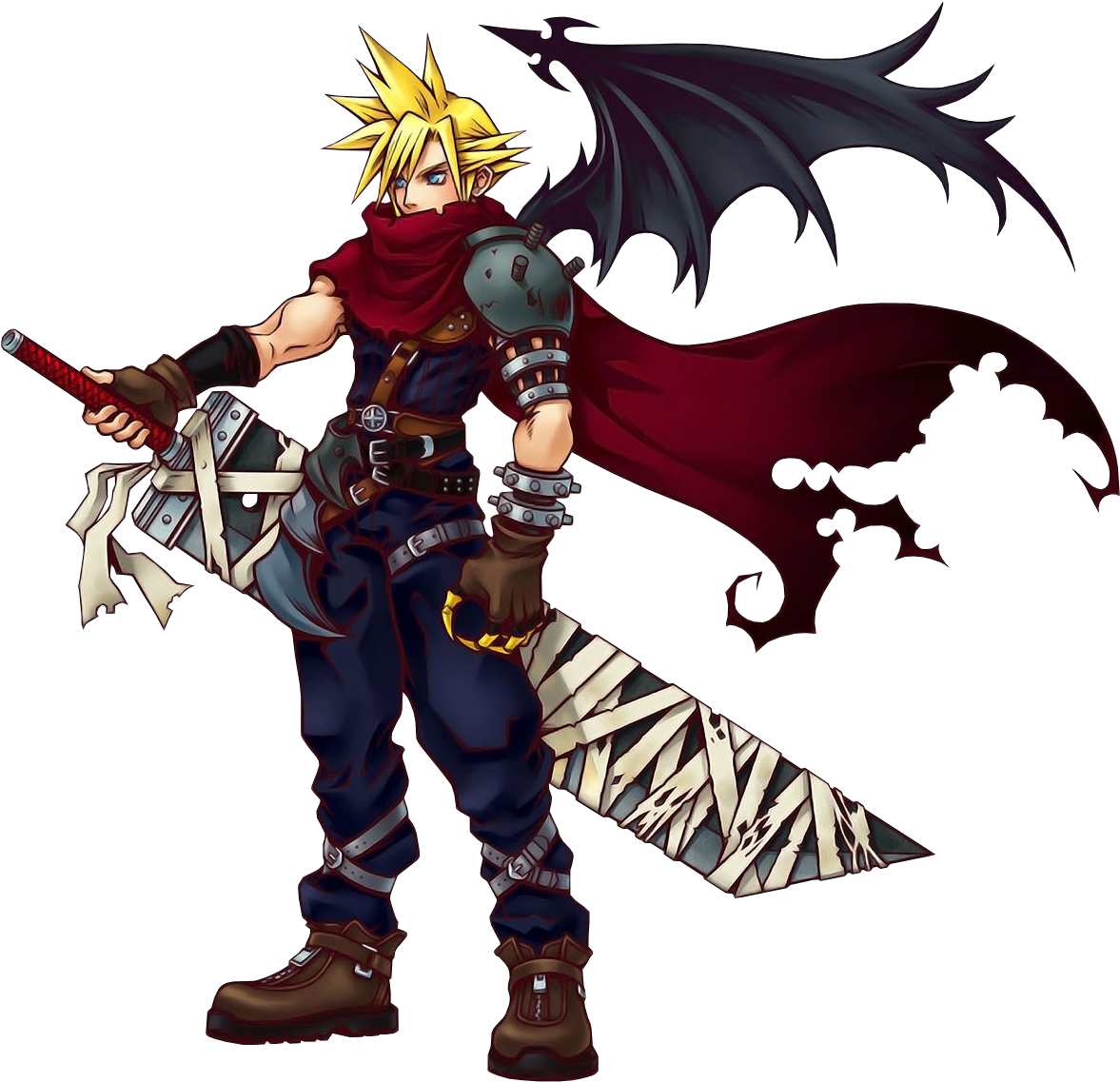 克勞德·史特萊夫持 Buster Sword 壁紙 — 一個擁有尖刺頭髮、紅色斗篷和巨劍的動漫戰士站在黑色背景前。
