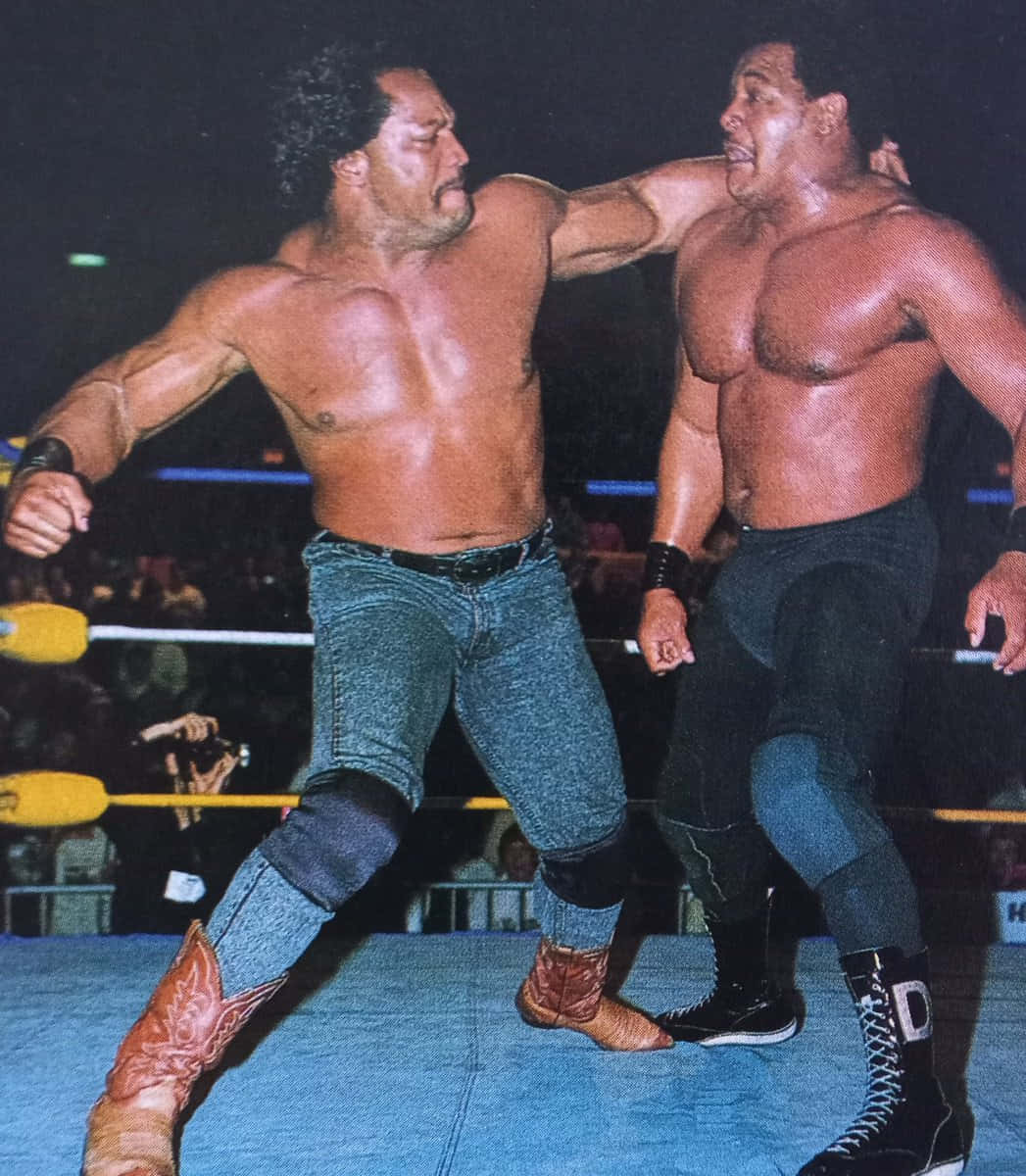 Butch Reed 對戰 Ron Simmons 壁紙 — 兩名肌肉發達的摔角手在明亮的場館燈光下，在擂台上激烈纏鬥，身後是模糊的人群。