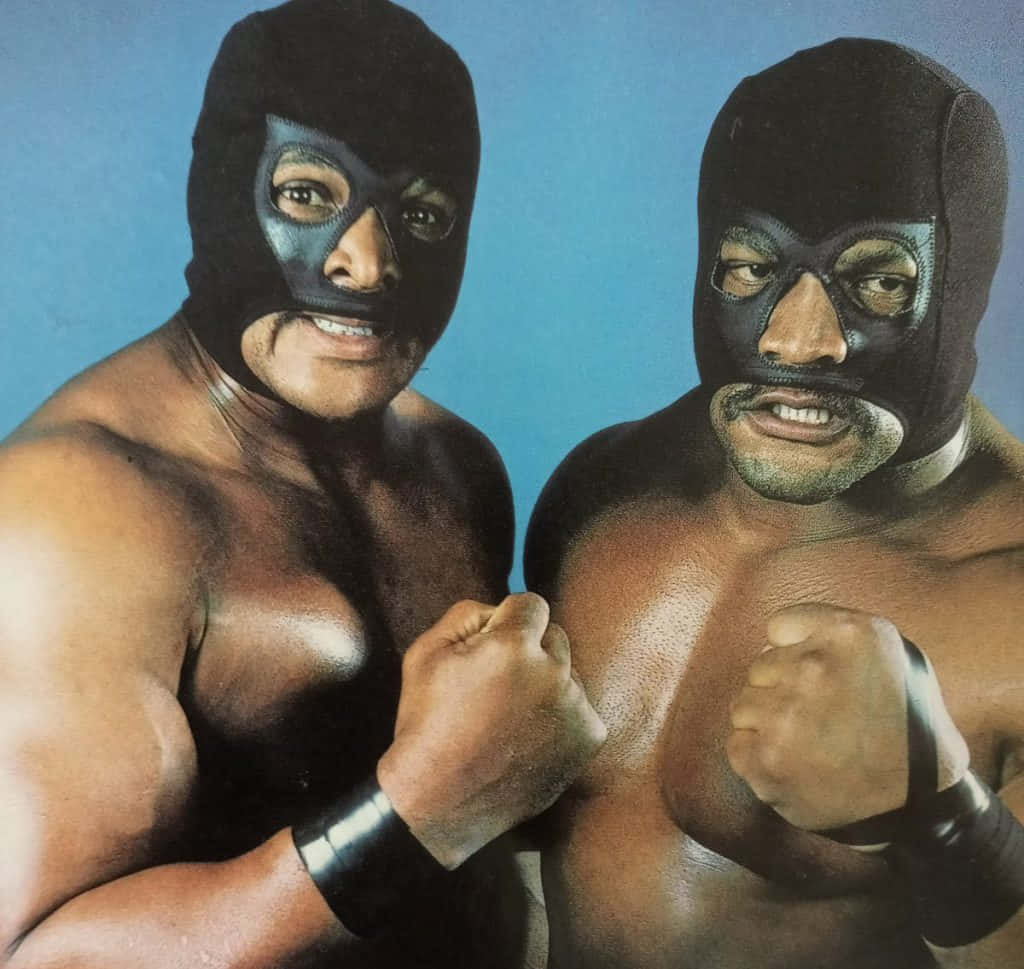 Butch Reed 與 Ron Simmons 壁紙 — 兩名肌肉發達的蒙面摔角手戴著黑色面具，在純藍色攝影棚背景下握拳擺姿勢。