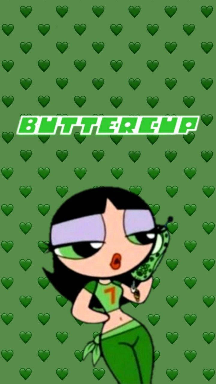 飛天小女警的 Buttercup 穿著綠色服裝站在心形背景前