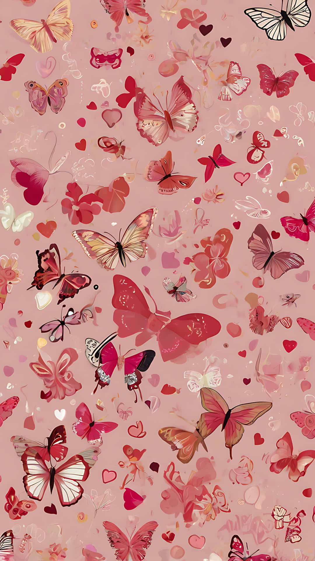 Butterfly Hearts for Valentine's Day smartphone wallpaper 壁紙 — 柔軟的粉紅色牆紙，散落著紅色和白色色調的蝴蝶和心形。