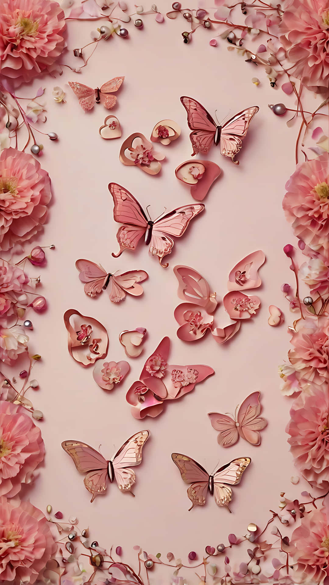 Butterfly Hearts for Valentine's Day smartphone wallpaper 壁紙 — 粉紅色紙蝴蝶和花朵在柔和的粉紅色背景上排列成精緻的邊框。