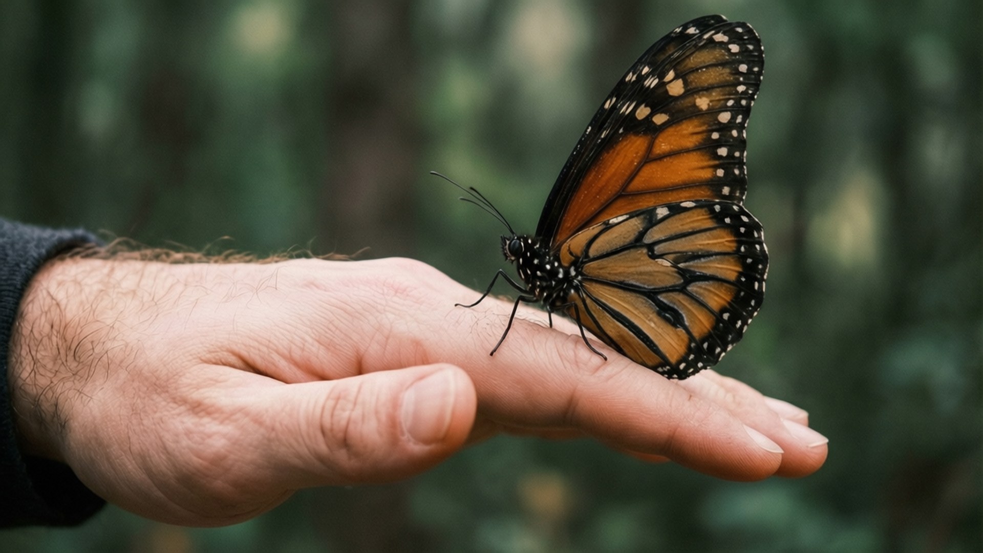 Butterfly on Hand 壁紙 — 一隻帶有橙色、黑色和白色翅膀的帝王蝶輕輕地停在一隻伸出的手上，背景是模糊的綠色森林。