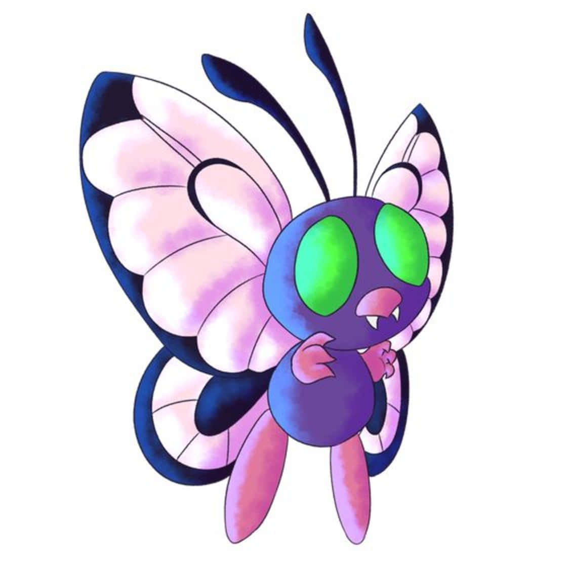 Butterfree 3D 藝術圖 壁紙 — 一隻可愛的卡通蝴蝶，紫色身體，綠色眼睛，粉紅色和藍色翅膀，白色背景。