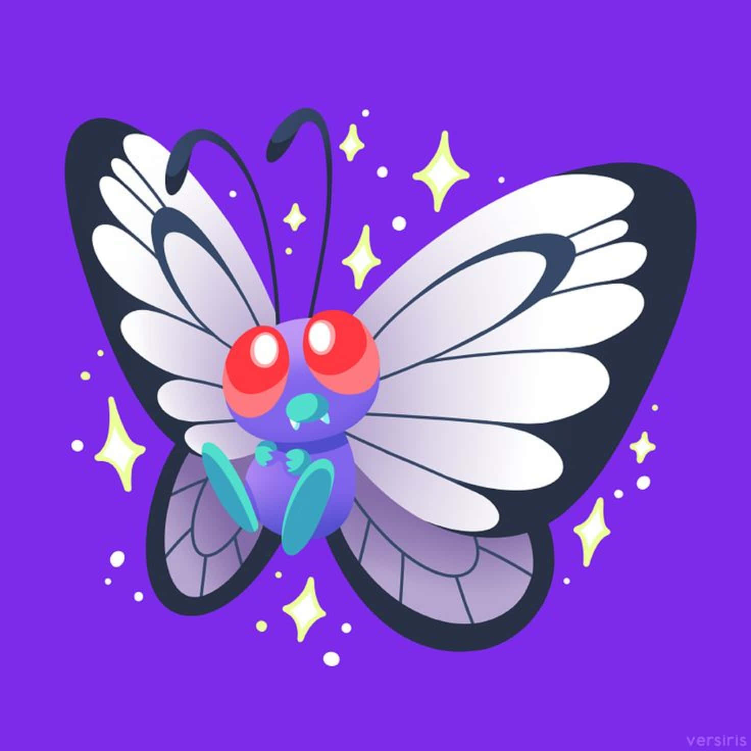 Butterfree 紫色藝術圖 壁紙 — 一隻卡通蝴蝶，有紅色眼睛和白色翅膀，漂浮在紫色背景上，周圍環繞著發光的黃色星星。