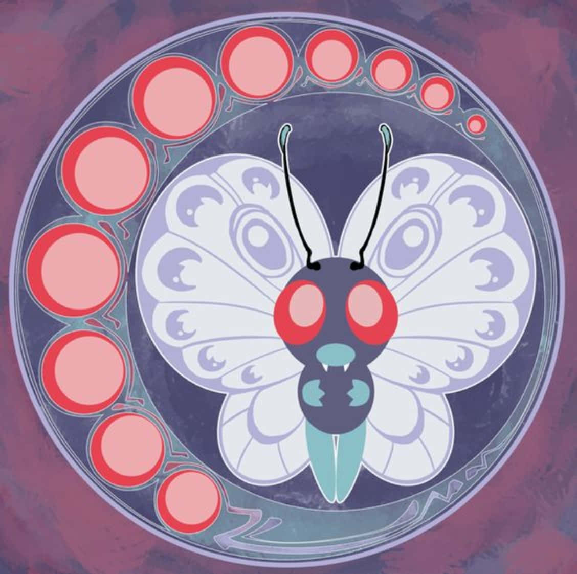 Butterfree 圓形內藝術圖 壁紙 — 一隻風格化的蝴蝶，有著紅色的眼睛和帶圖案的翅膀，位於一個圓形框架中央，框架上裝飾著粉紅色球體，背景為栗色。