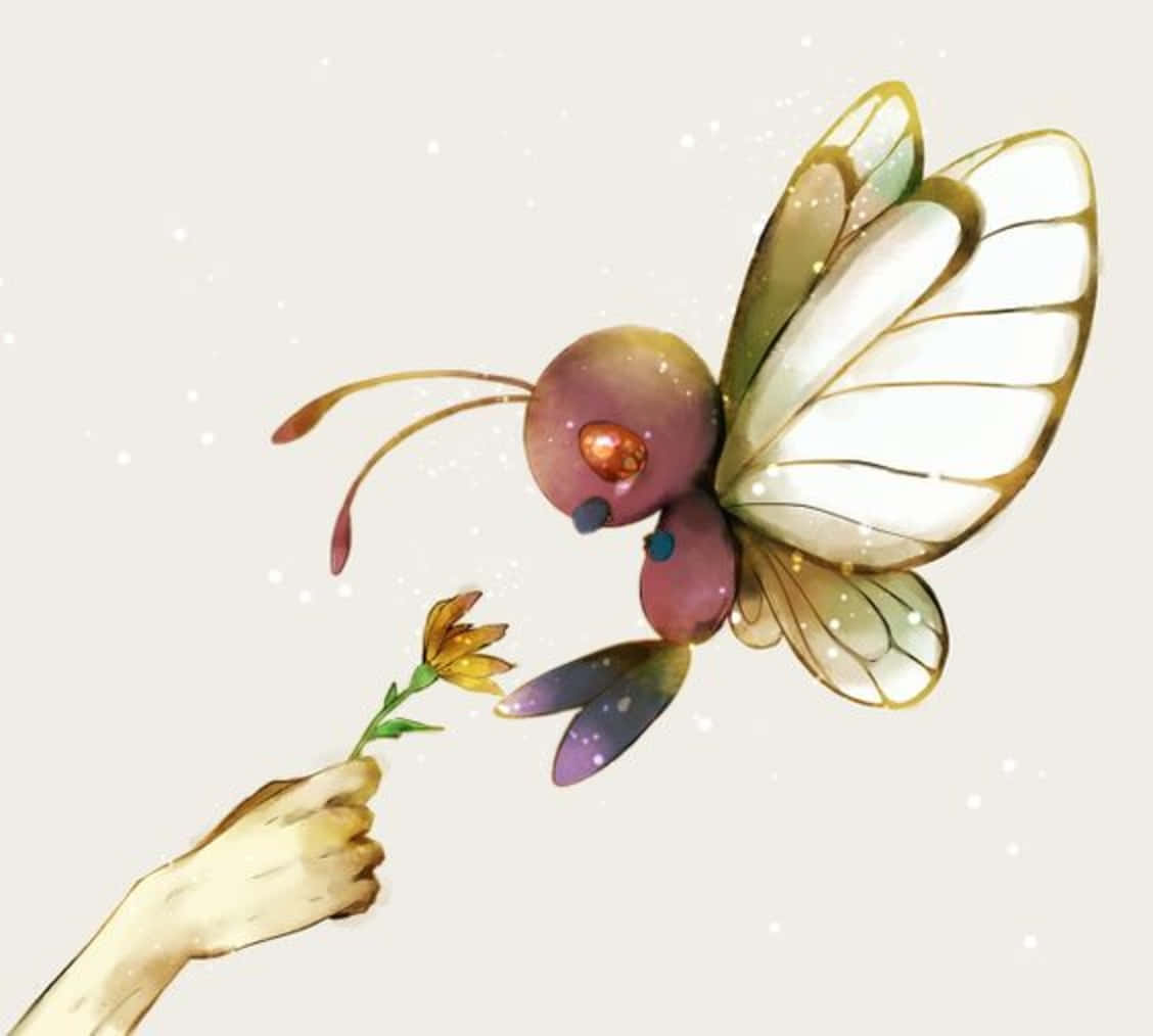 Butterfree 繪畫藝術 壁紙 — 一隻手將一朵小黃花遞給一隻翅膀半透明、奇思妙想的紫色蝴蝶，背景是柔和的斑點。