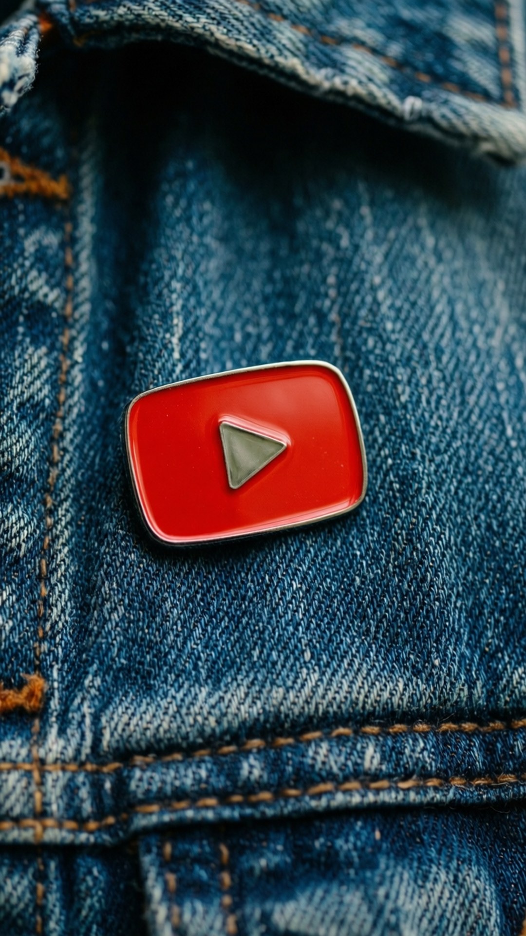 藍色牛仔外套上的紅色 YouTube 播放按鈕別針