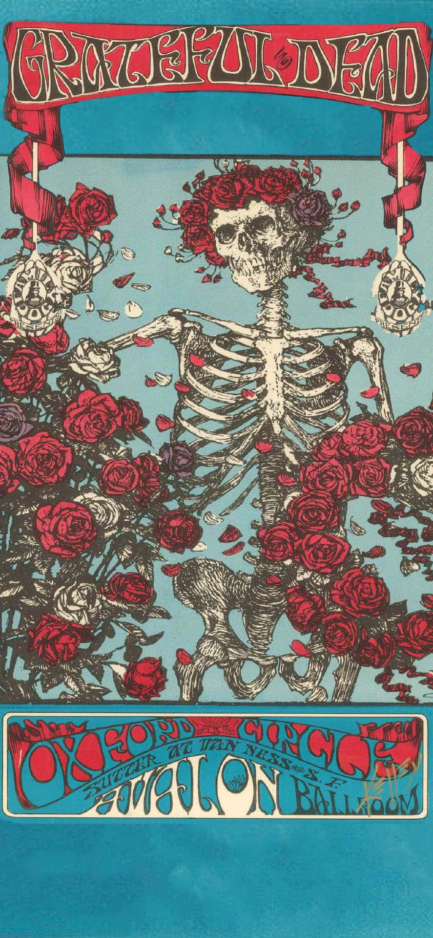 Grateful Dead 演唱會海報，青綠色背景上有骷髏和紅玫瑰。