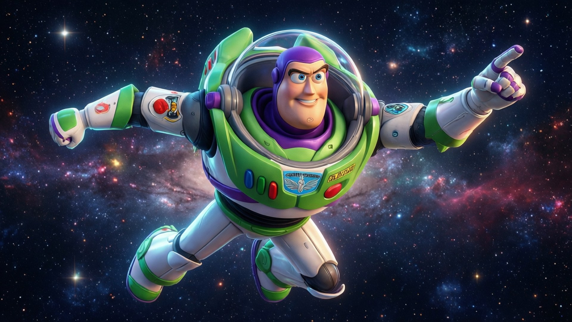 巴斯光年著住太空衣喺星星同彩色星雲之間漂浮。