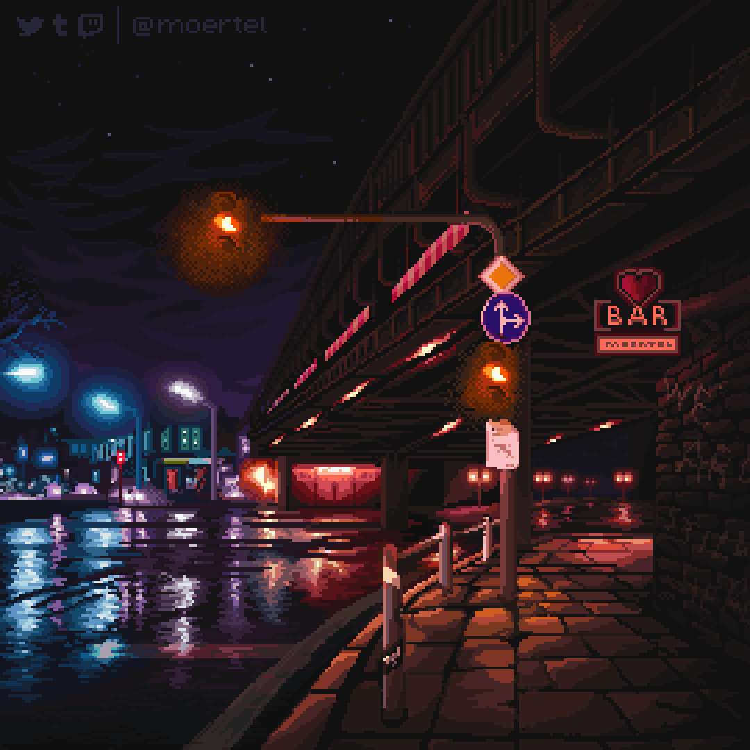 像素化夜景濕街道，霓虹燈和橋樑