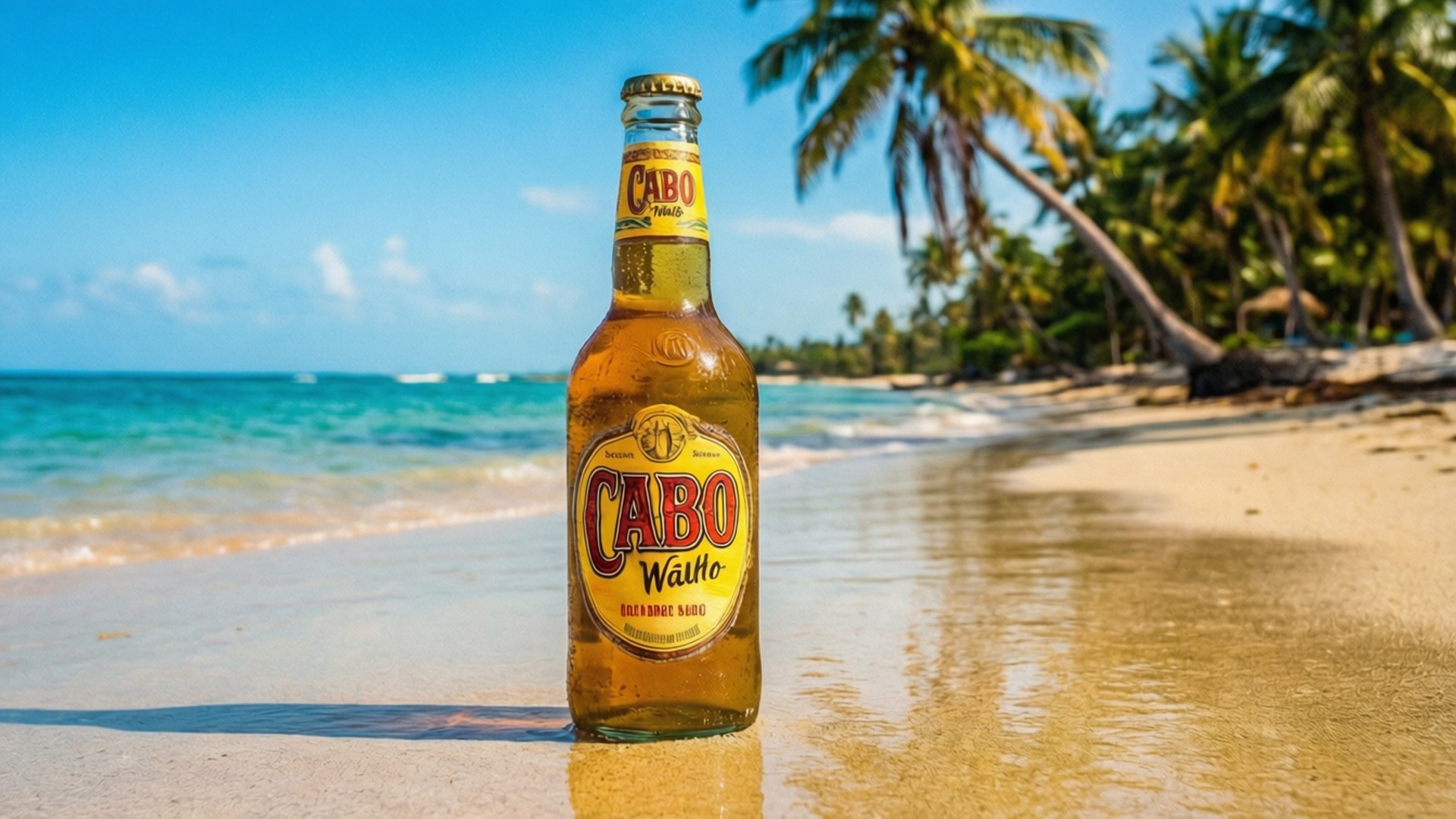 在陽光明媚的熱帶海灘上，一支CABO WaiWai啤酒瓶與棕櫚樹和海洋相伴。