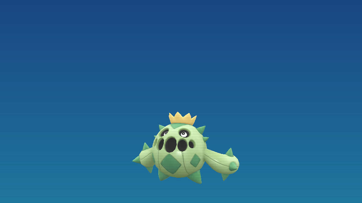Cacnea 3D 藍色版 壁紙 — 一個可愛的綠色卡通生物戴著皇冠，漂浮在純藍色漸變背景上。