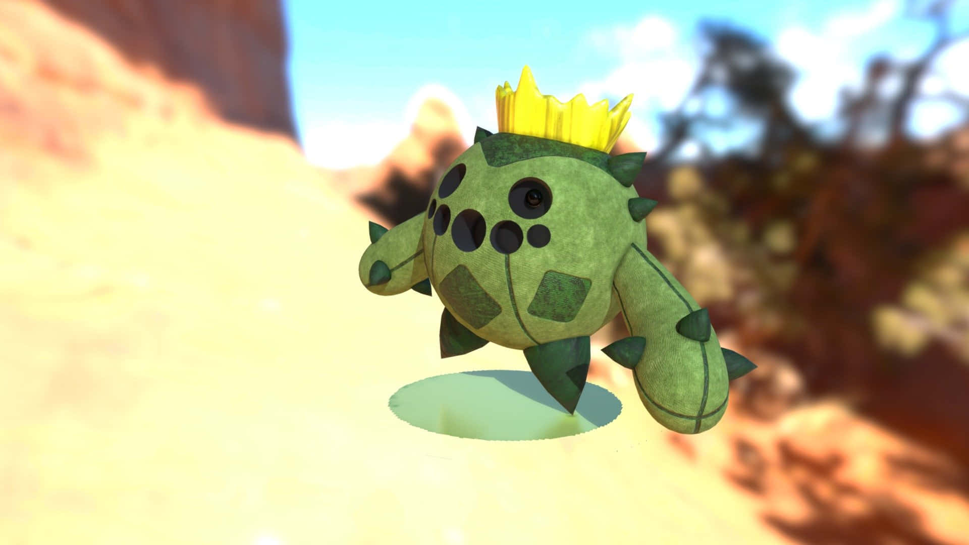 Cacnea 3D 模糊背景 壁紙 — 一個綠色多刺的卡通生物戴著黃色皇冠，在明亮的藍天下漂浮在沙漠峽谷中。