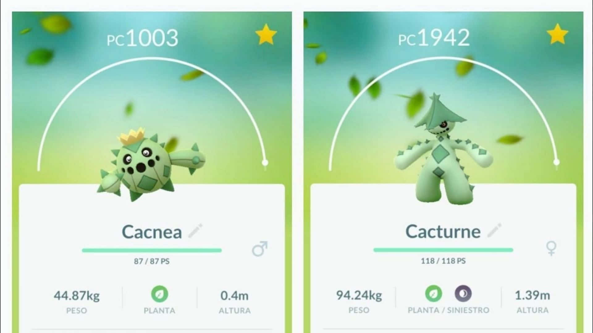 在寶可夢圖鑑介面中顯示的 Cacnea 和 Cacturne，附有統計數據和漂浮的葉子。