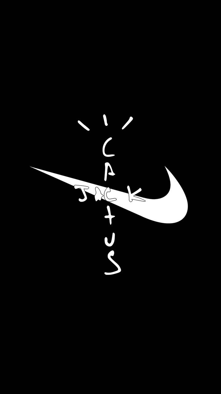 白色Nike勾勾搭配黑色背景上的'Cactus Jack'文字。