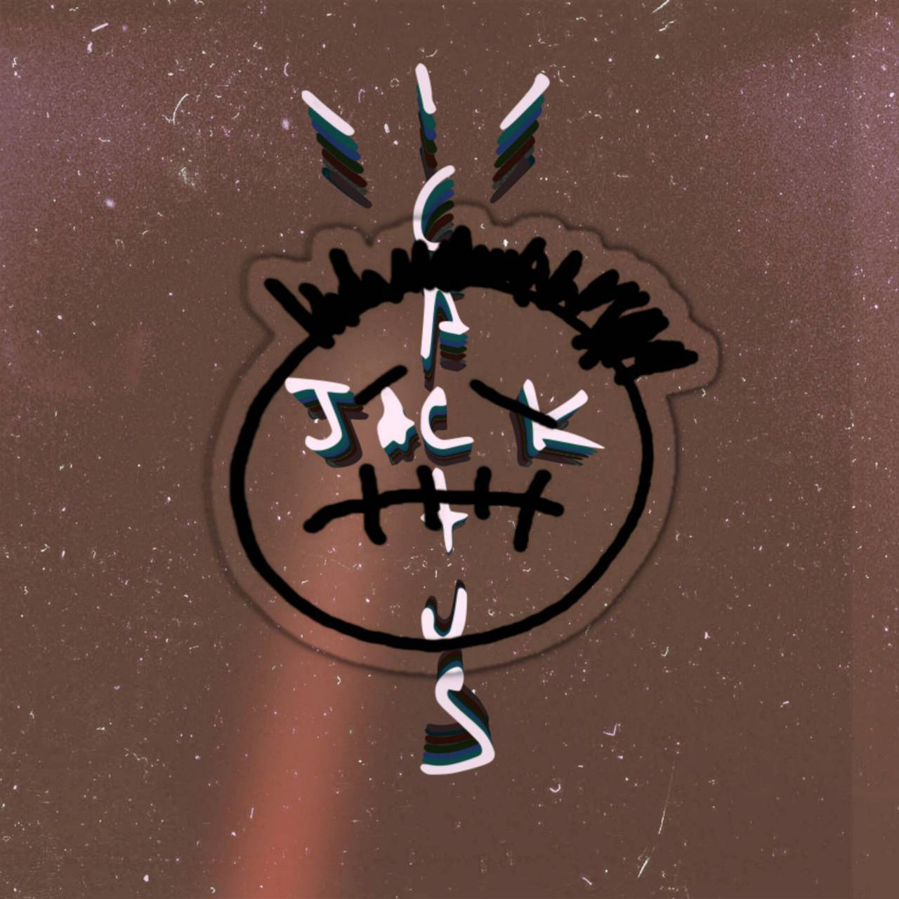 風格化卡通臉，有縫合嘴巴和 'JACK US' 文字，背景是帶紋理的棕色。