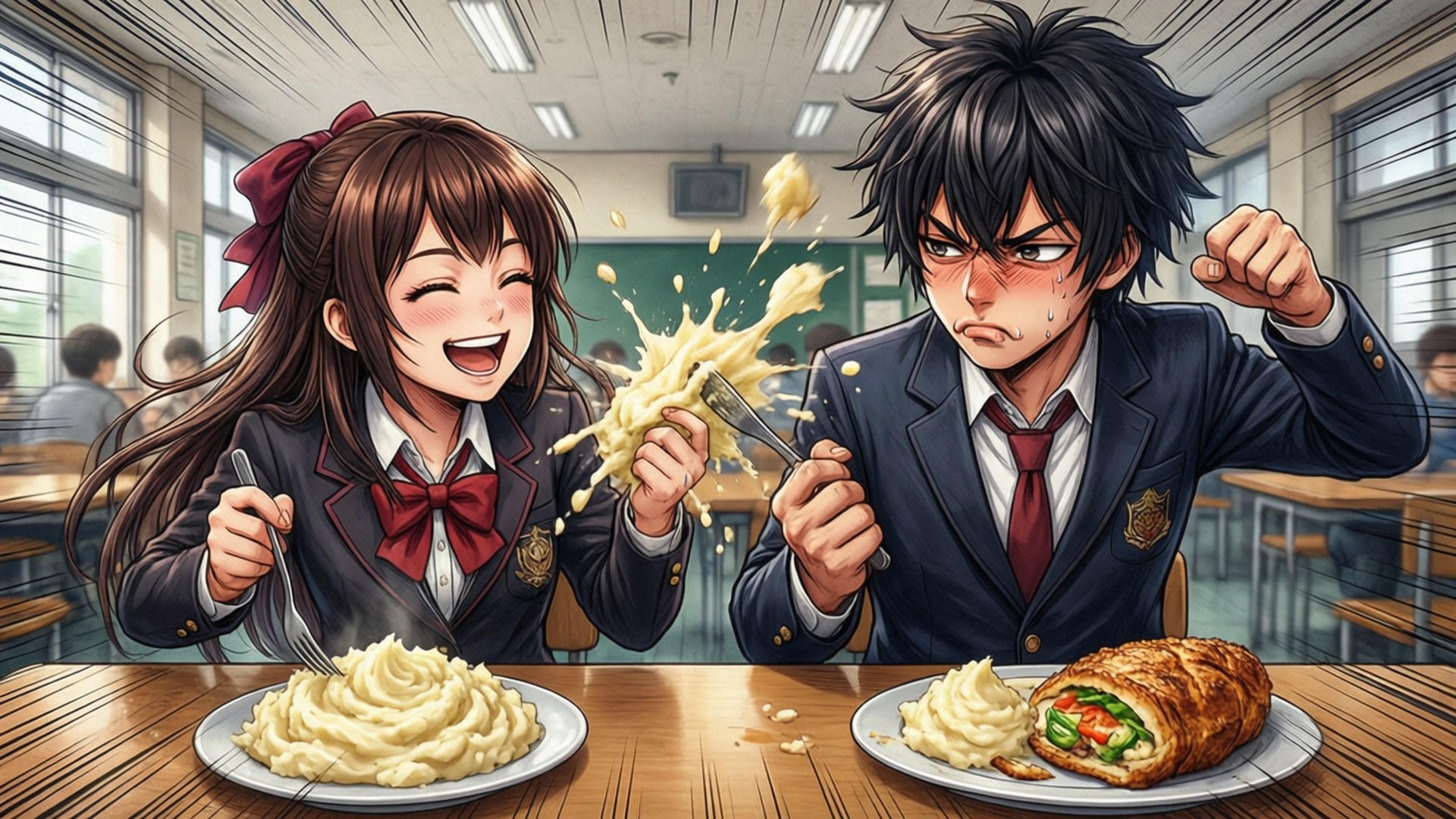 Cafeteria Chaos 壁紙 — 兩名穿著校服的動畫學生在食堂因薯蓉發生衝突，食物戲劇性地在他們之間飛舞。