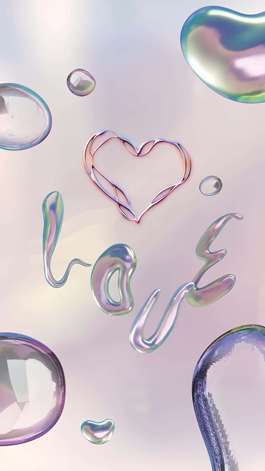 壁紙 — 彩虹色的肥皂泡圍繞著一個發光的愛心和流暢字體的「love」字樣，漂浮在柔和的粉彩漸變背景上。