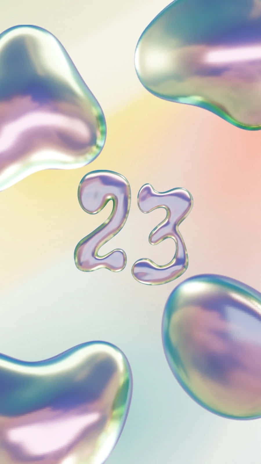  壁紙 — 彩虹色液體心形在柔和粉彩漸變背景上圍繞發光數字23漂浮。