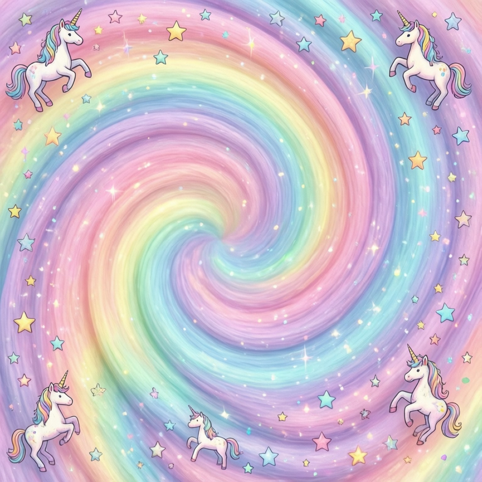 柔和粉彩彩虹漩渦星系，漂浮獨角獸和閃爍星星。