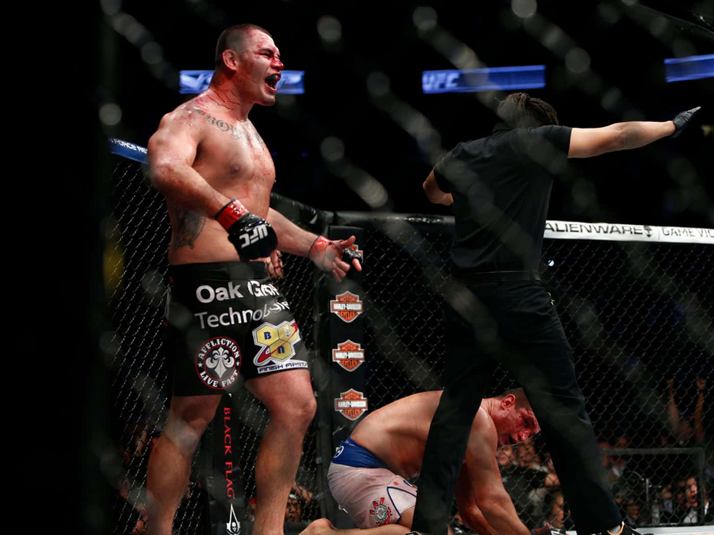 綜合格鬥選手Cain Velasquez於UFC 166賽事 壁紙 — 一名血跡斑斑的MMA拳手在裁判終止比賽、對手倒在擂台上時發出勝利的怒吼。