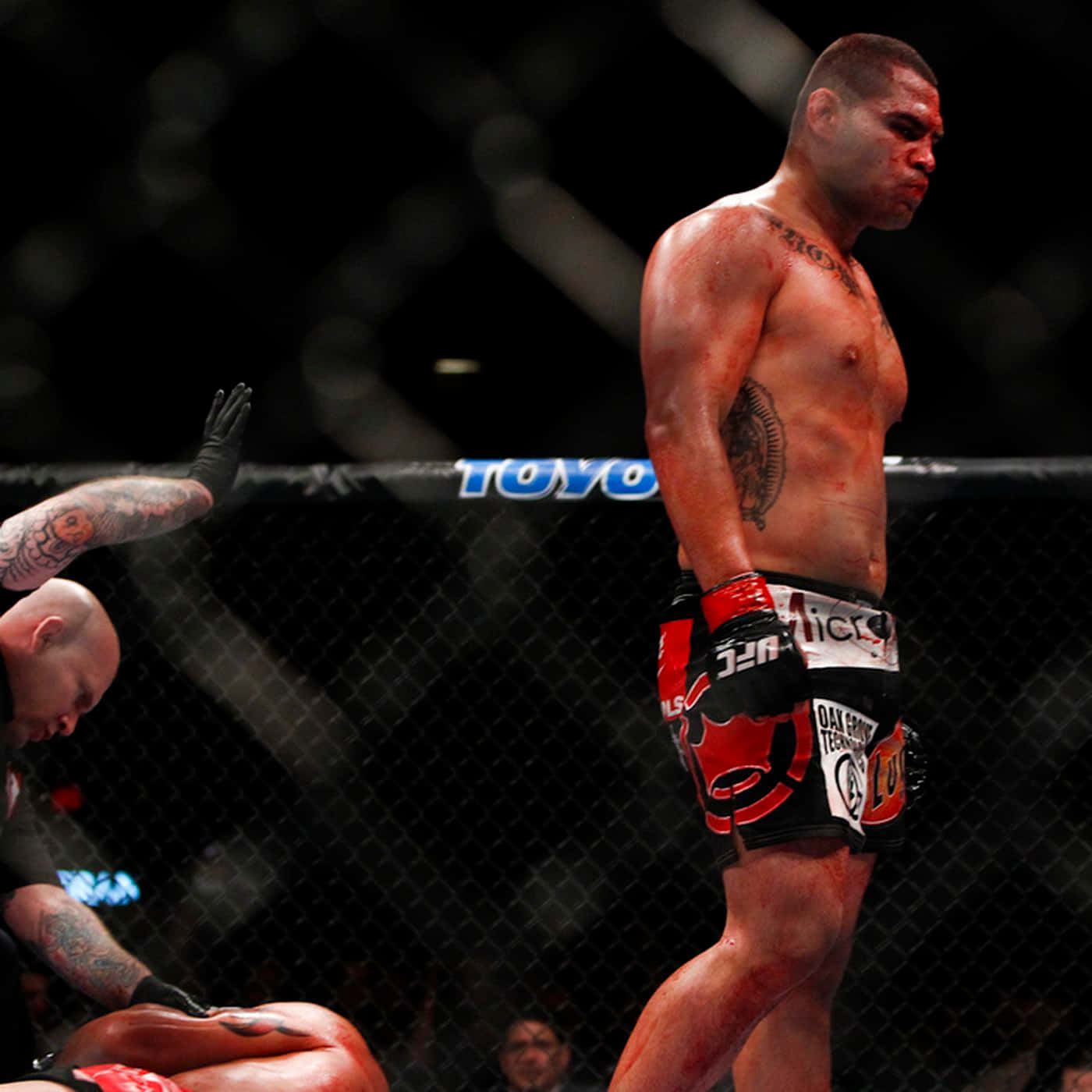 MMA拳手在八角籠中勝利站立於倒下的對手之上