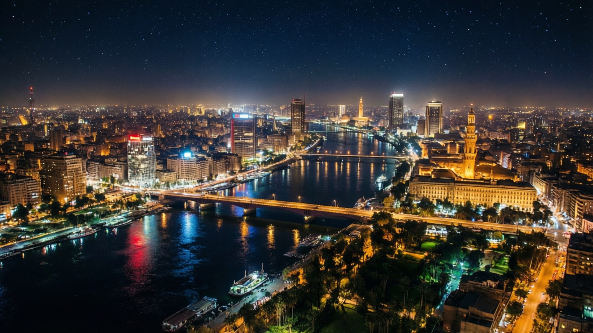 星空下開羅城市夜景，尼羅河與橋樑