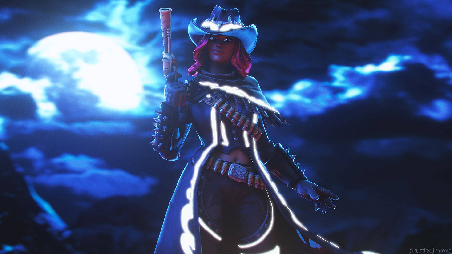 Calamity Fornite 雲夜滿月 壁紙 — 一個帶有發光白色線條的賽博龐克牛仔女性，站在深藍色天空中的明亮月亮下。