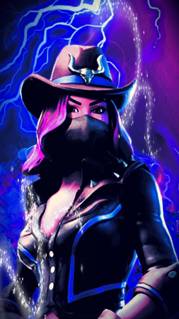 Calamity Fornite 雷光肖像 壁紙 — 一位戴面具、粉紅色頭髮、戴角帽的女牛仔站在電藍色閃電和紫色能量之中。