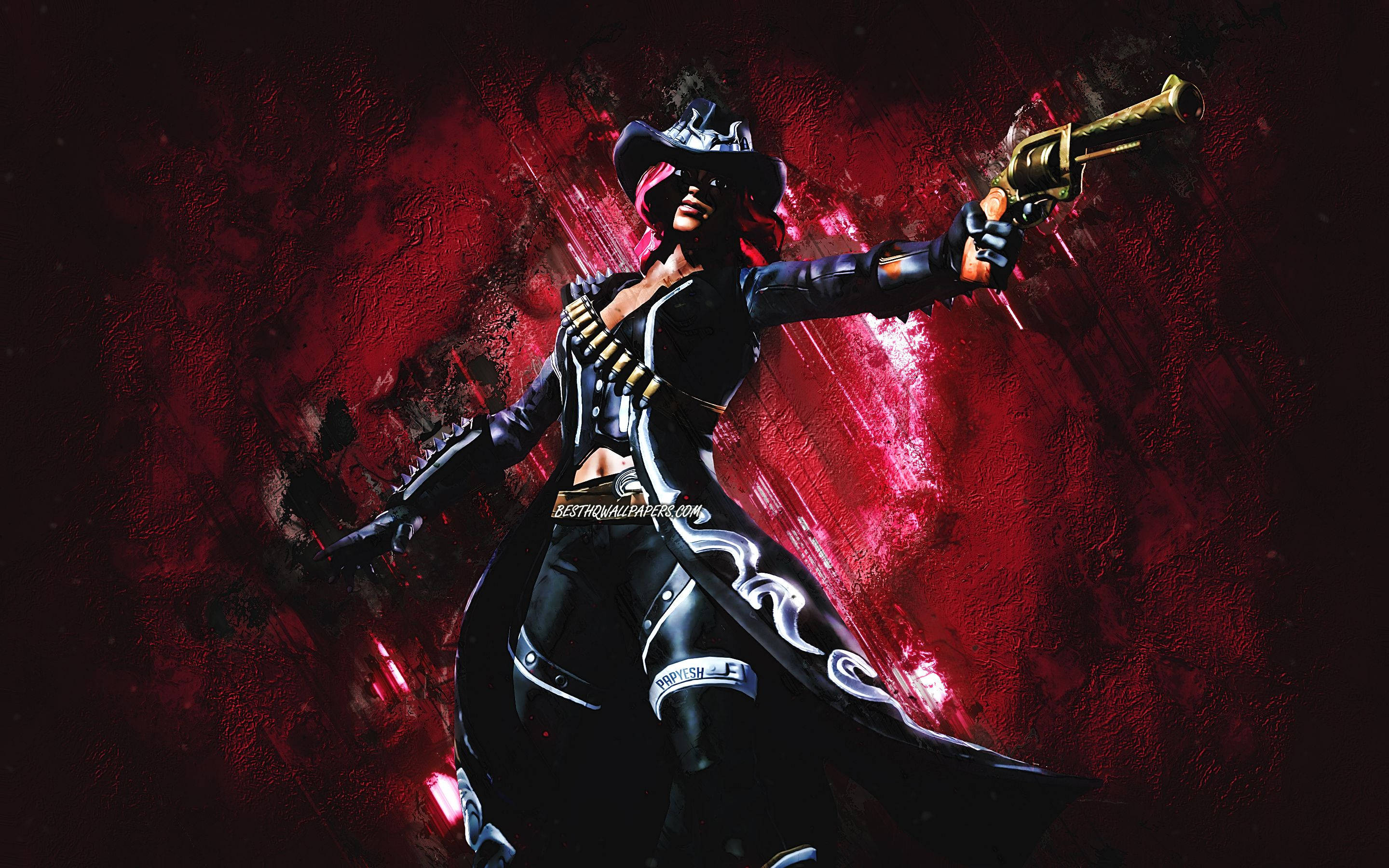 Calamity Fortnite 紅色暈染海報 壁紙 — 一位身穿黑色皮衣和帽子的兇猛女槍手，對準血紅色紋理背景，手持金色左輪手槍。