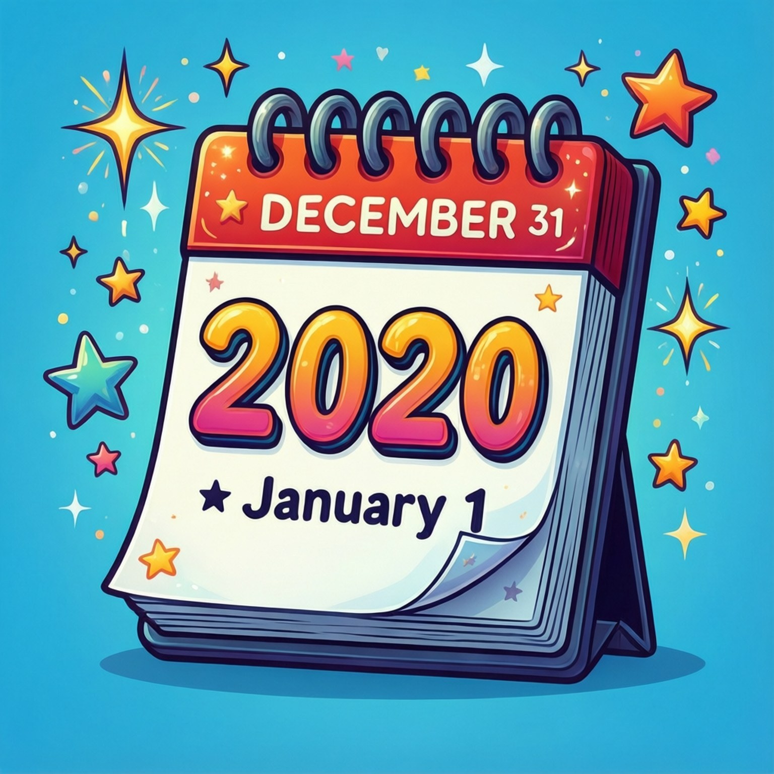 一個卡通日曆顯示2020年12月31日轉到1月1日，帶有彩色星星
