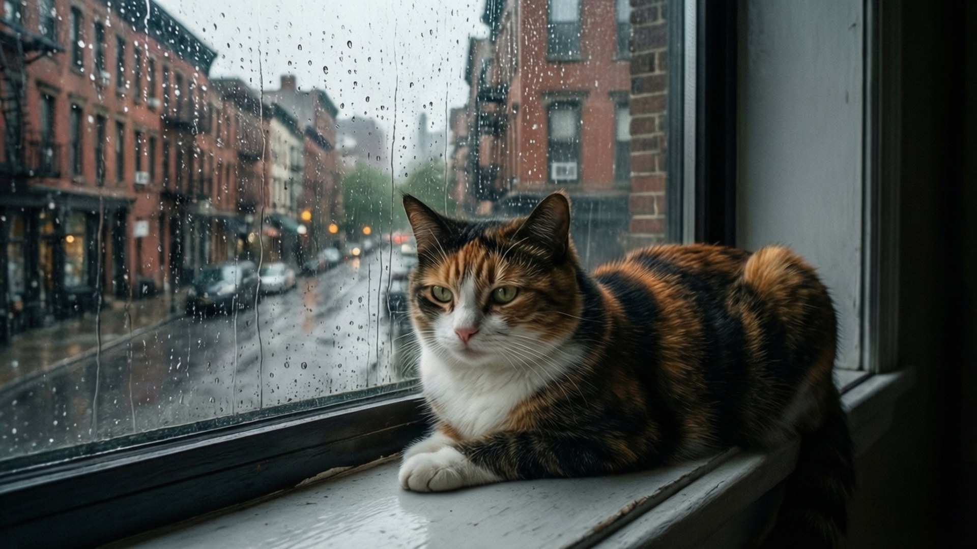 Rainy Day Calico 壁紙 — 一隻三色貓躺在窗台上，凝視著雨中的城市街道，濕漉漉的磚建築和模糊的交通燈。
